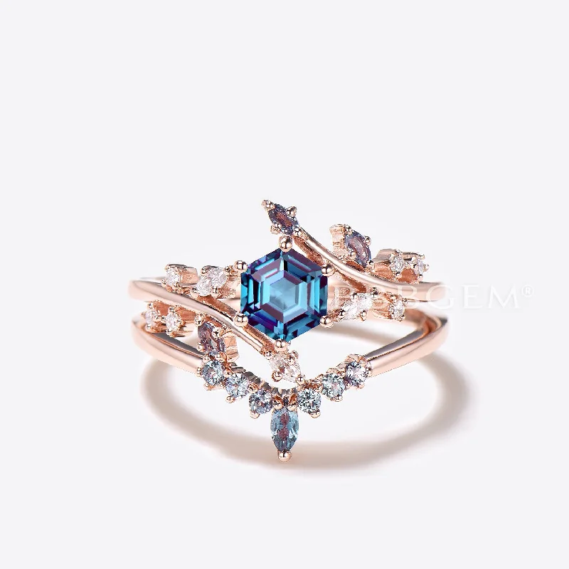 luxury halo engagement rings -Twig Leaf Engagement Ring 14k Rose Gold Hexagon Cut Alexandrite Ring