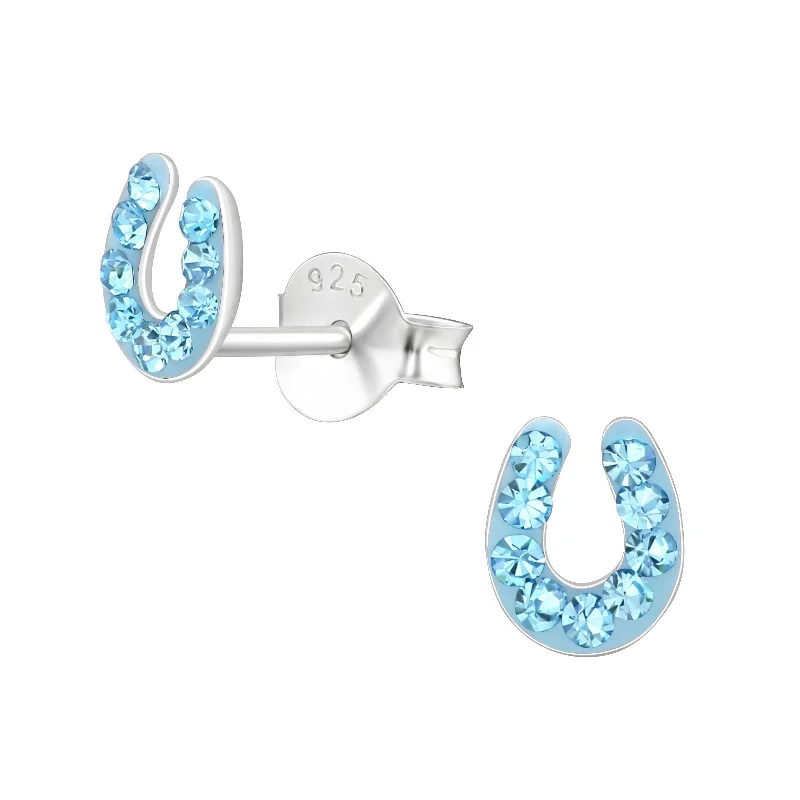 elegant hoop earrings -Children's Sterling Silver 'Blue Sparkle Horseshoe' Crystal Stud Earrings