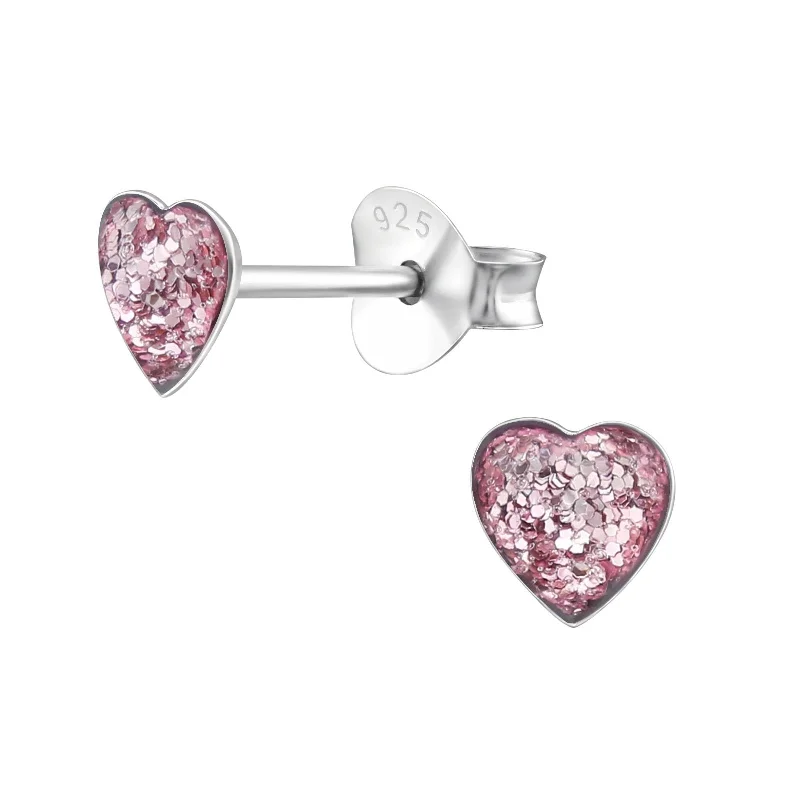 radiant cut earrings -Children's Sterling Silver Purple Glitter Heart Stud Earrings