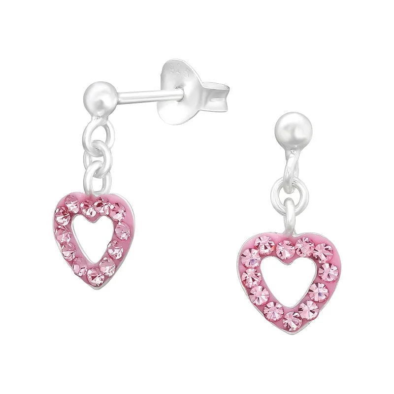 large stud earrings -Children's Sterling Silver 'Pink Crystal Drop Open Heart' Stud Earrings