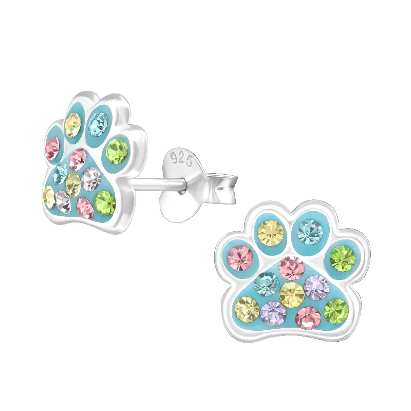 gold stud earrings for women -Children's Sterling Silver 'Blue and Multicolored Sparkle Paw' Crystal Stud Earrings