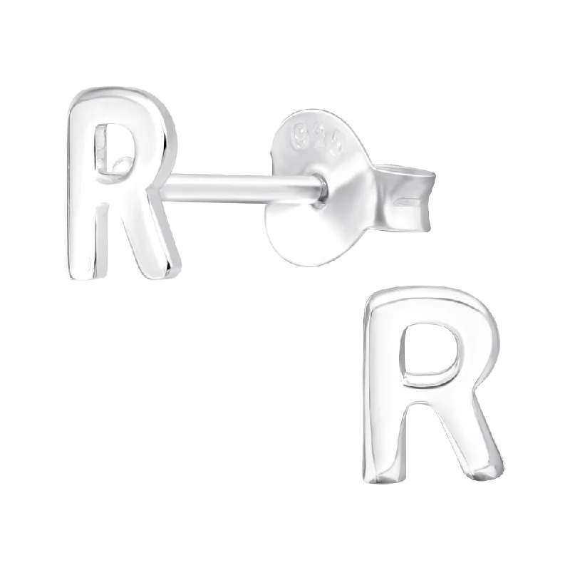 luxury gemstone drop earrings -Children's Sterling Silver 'Letter R' Stud Earrings