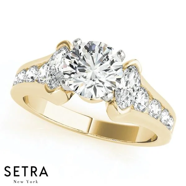 dazzling engagement rings -FANCY STRAIGHT MARQUISE & ROUND CUT DIAMOND ENGAGEMENT 14K GOLD RING