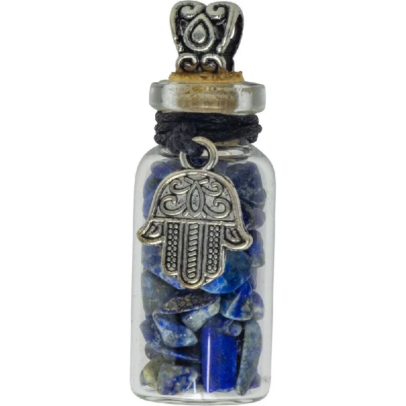 boho vintage necklaces -1.75" Gemstone Chip Bottle Necklace - Lapis with Fatima Hand