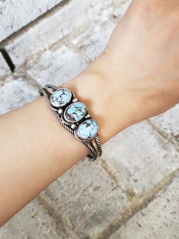 stylish bangles for women -Stamped Sterling Silver 3 Stone Golden Hills Turquoise Cuff Bracelet