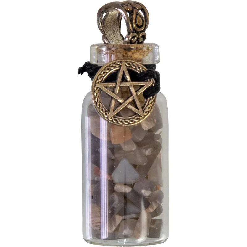 beautiful chain necklaces for women -1.75" Gemstone Chip Bottle Necklace - Black Moonstone with Pentacle