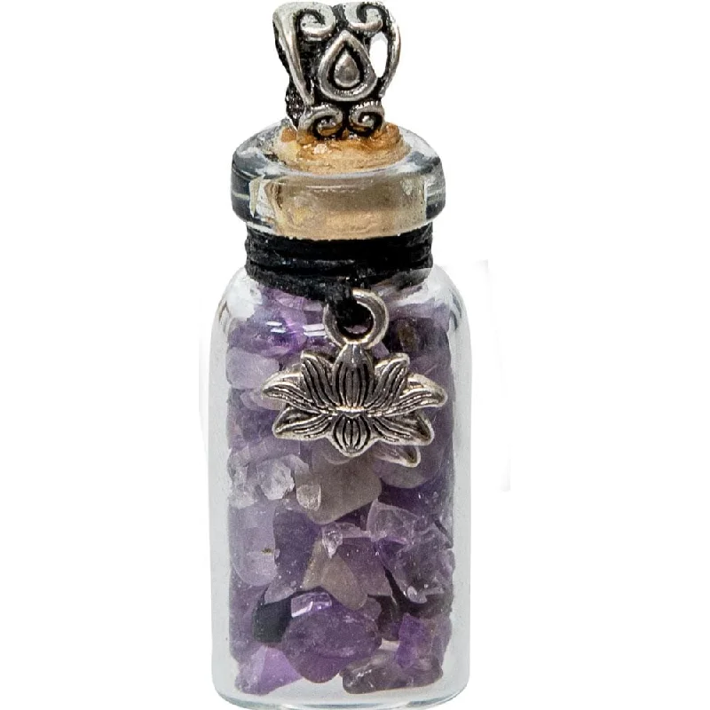 personalized couple necklaces -1.75" Gemstone Chip Bottle Necklace - Amethyst with Lotus