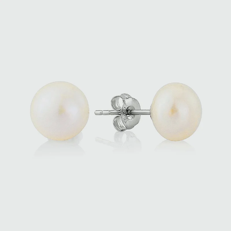 custom name earrings -Molina White Freshwater Pearl & Silver Stud Earrings