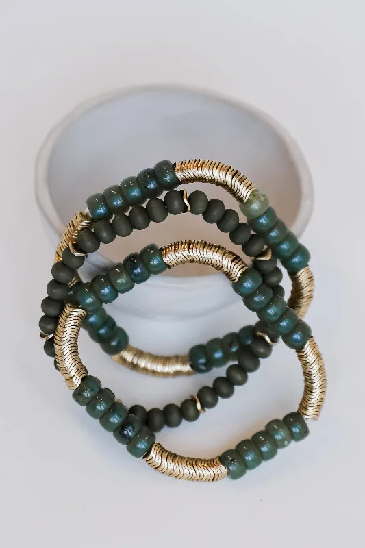 gold bracelets for women -FINAL SALE - Brielle Green Beaded Bracelet Set