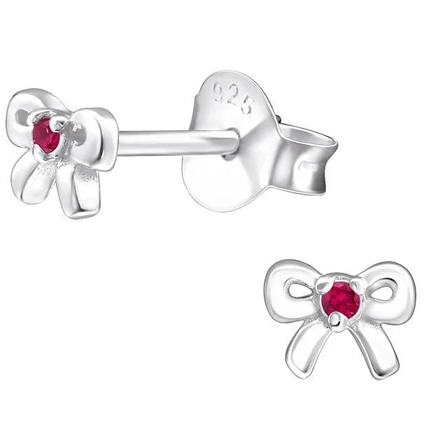 trendy stud earrings -Children's Sterling Silver 'July Birthstone' Bow Stud Earrings