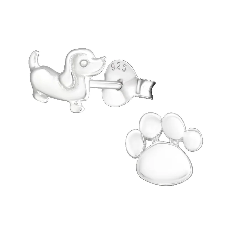 cute hoop earrings for women -Children's Sterling Silver 'Dog and Paw' Stud Earrings