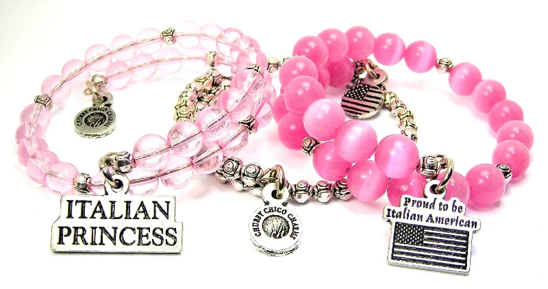 bracelet sets for women -Proud to be an Italian American Italian Princess 3 piece stacking bracelet set