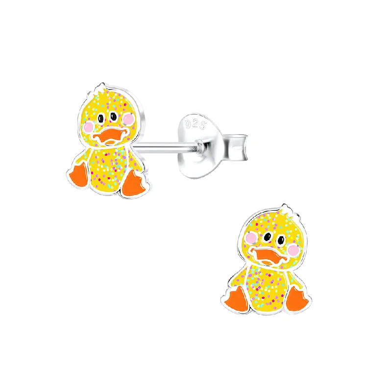 classic pearl earrings -Children's Sterling Silver 'Yellow Glitter Duckling' Stud Earrings