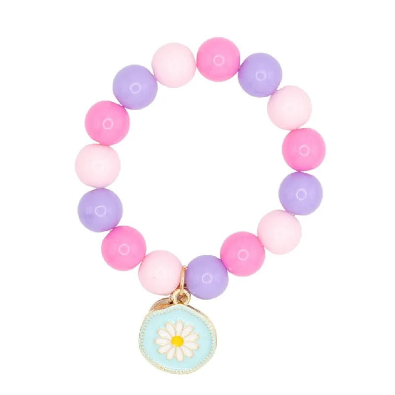 dainty bracelets for women -Daisy Medallion Enamel Charm on Beaded Colorful Stretch Bracelet