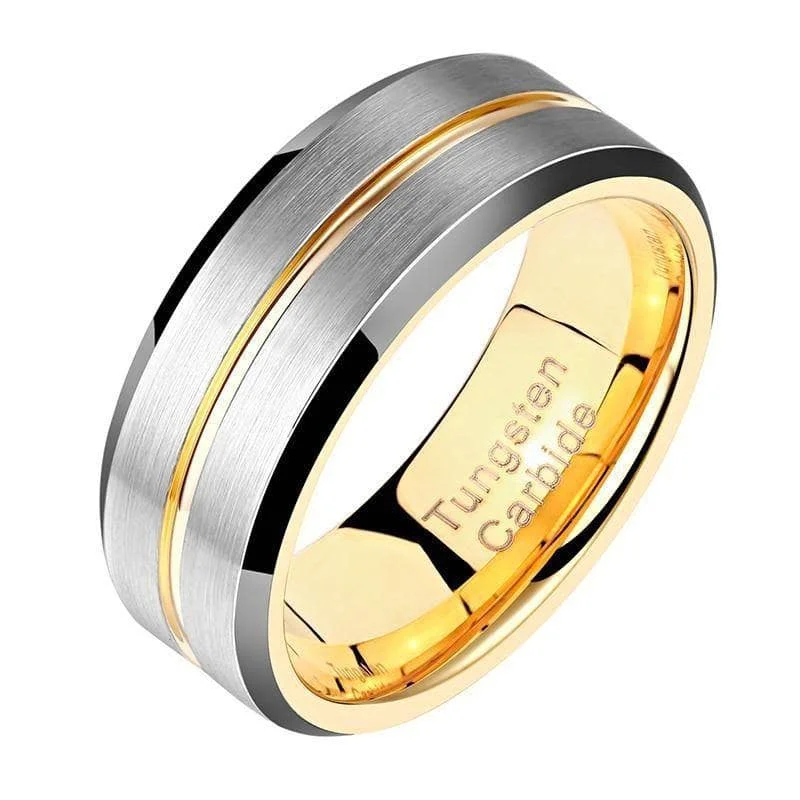 romantic engagement rings for proposal -Men's Tungsten Carbide Yellow Line Wedding Band