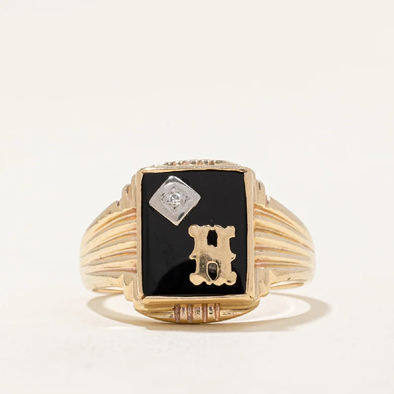 women’s rose gold rings -Onyx & Diamond 'H' Signet Ring | 3.20ct, 0.01ct | SZ 9.5 |