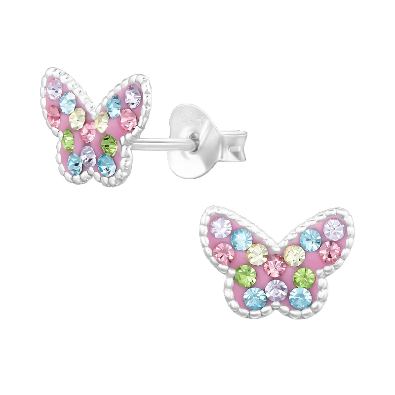 pearl earrings for women -Children's Sterling Silver 'Pink Butterfly with Multi-colored Crystals' Stud Earrings