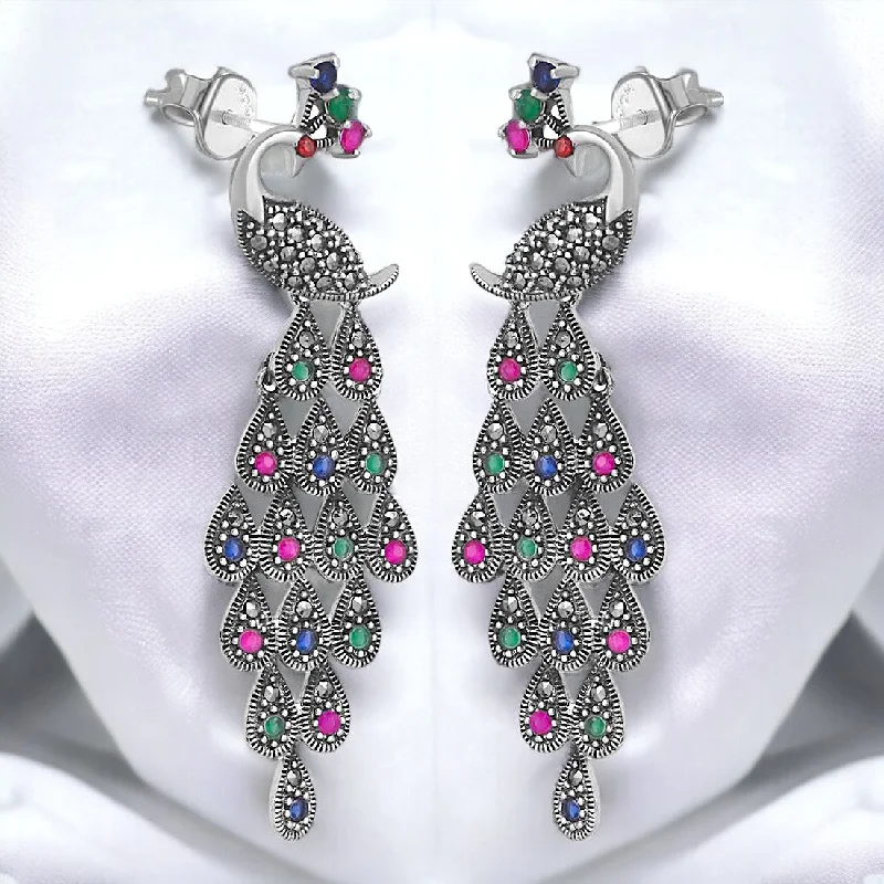 classic pearl earrings -Multi Colour Silver Peacock Earring For Women & Girls