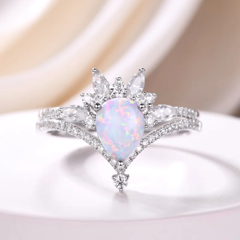 vintage-inspired engagement rings -Vintage Opal Wedding Ring Set 14k White Gold with Moissanite Curved Band