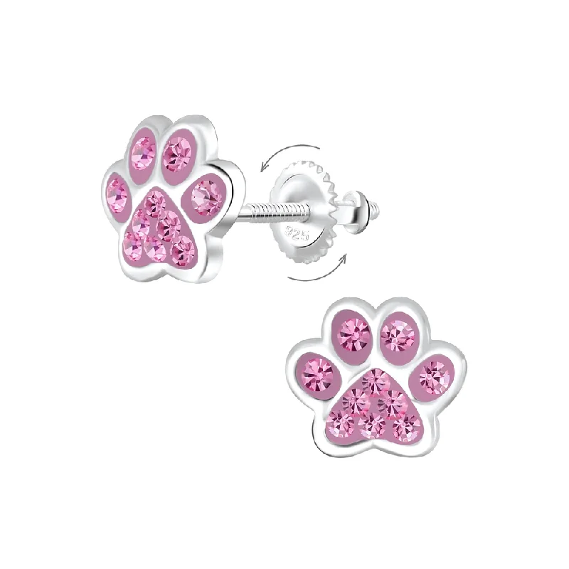 elegant hoop earrings -Children's Sterling Silver 'Rose Pink Crystal Paw' Screw Back Stud Earrings