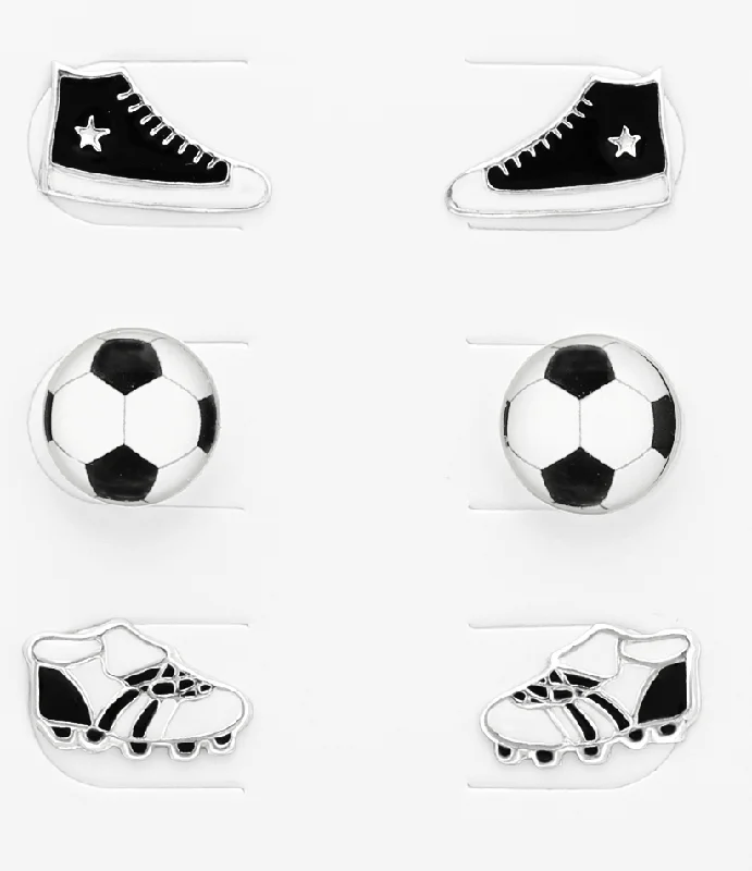 trendy stud earrings -Children's Sterling Silver Set of 3 Pairs of Football Themed Stud Earrings