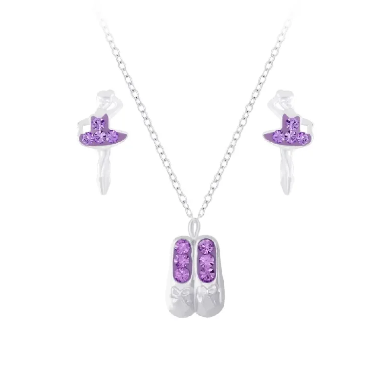 personalized gold earrings -Children's Sterling Silver Purple Ballet Shoes Pendant Necklace and Purple Ballerina Stud Earrings Set