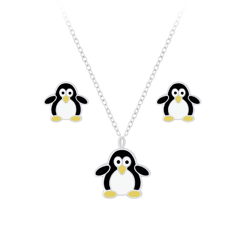 statement earrings for women -Children's Sterling Silver Penguin Pendant Necklace and Penguin Stud Earrings Set