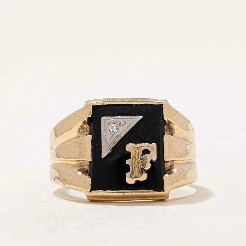 dainty gold rings -Onyx & Diamond 'F' Signet Ring | 4.00ct, 0.01ct | SZ 7.75 |