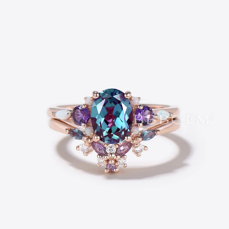 emerald diamond engagement rings -Butterfly Alexandrite Engagement Ring Set Cluster Amethyst Ring