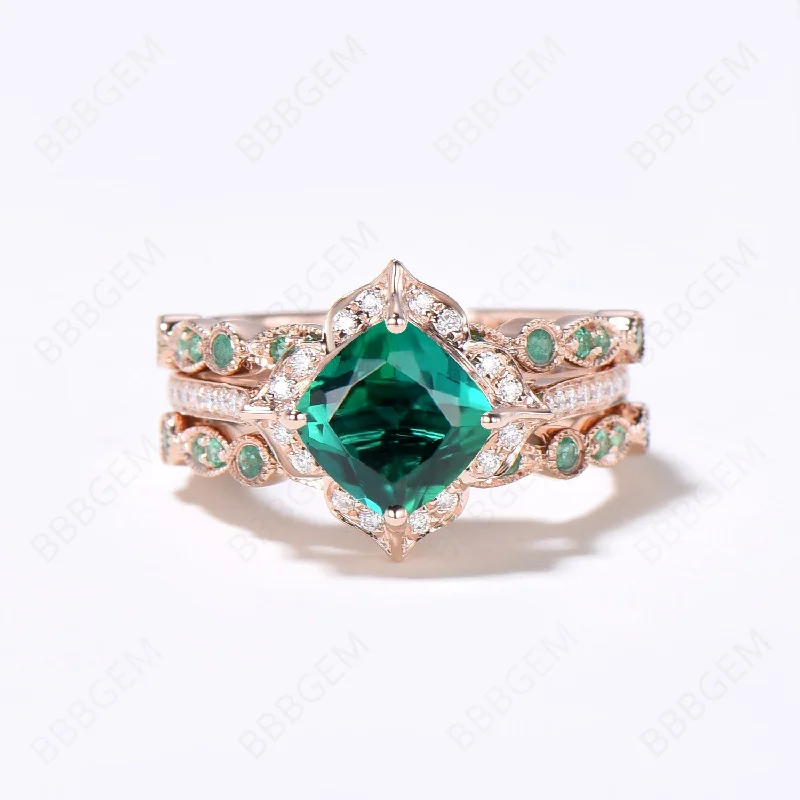 ruby engagement rings -3PCS Flower Emerald Ring Set Halo Diamond Engagement Ring