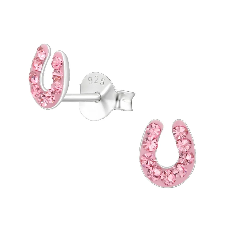 crystal drop earrings -Children's Sterling Silver 'Pink Sparkle Horseshoe' Crystal Stud Earrings