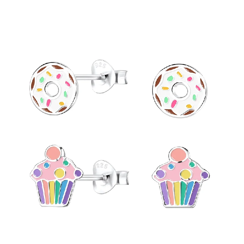 chic drop earrings -Children's Sterling Silver Set of 2 Pairs of Doughnut and Cupcake Stud Earrings