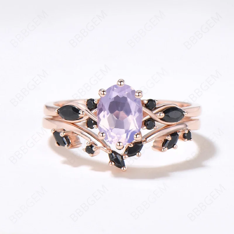 luxury engagement rings for women -Oval Natural Light Purple Lavender Amethyst Engagement Ring Set