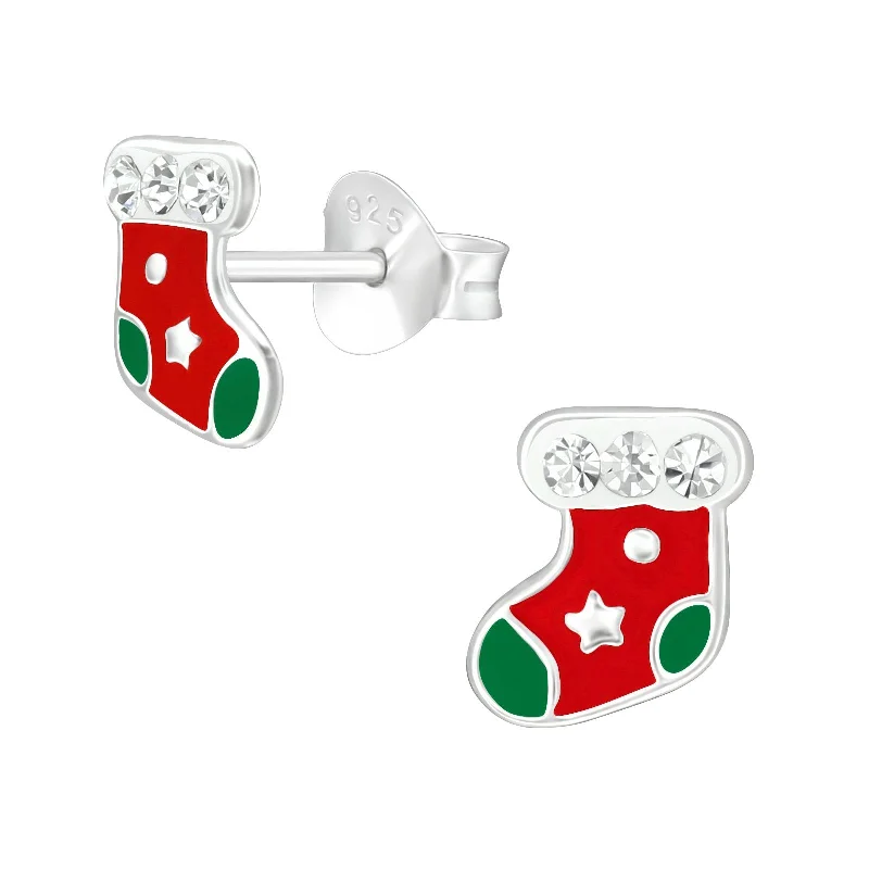 personalized earrings for women -Children's Sterling Silver Red and Green Christmas Stocking Stud Earrings