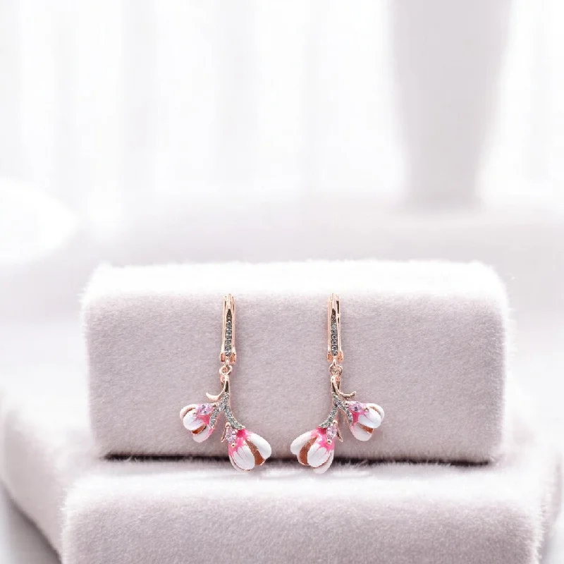 trendy gold earrings -Rosegold dual flower Drop earrings for women and girls