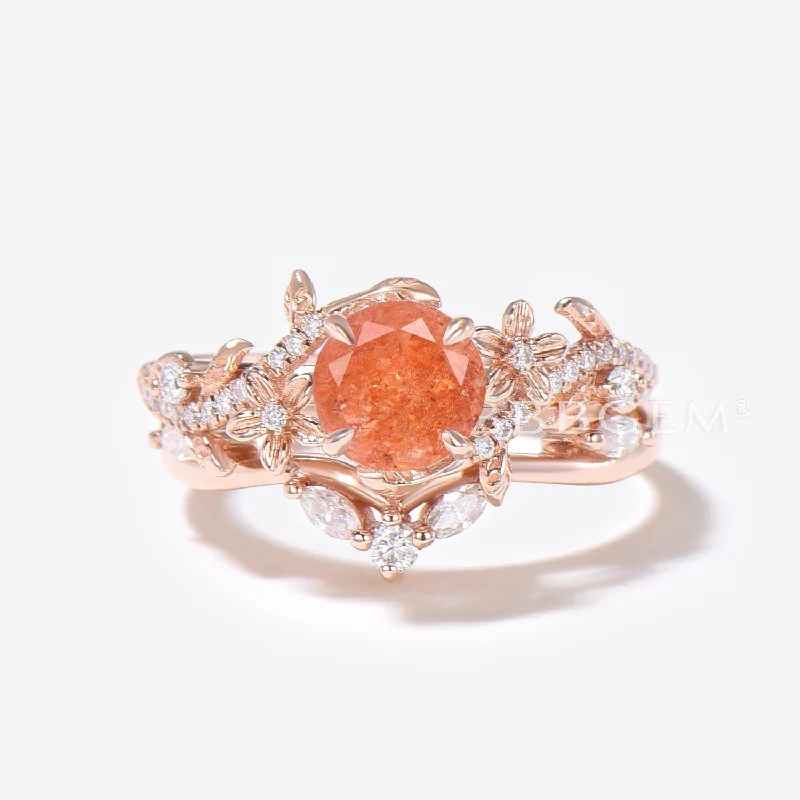 radiant halo engagement rings -Twig Leaf Round Sunstone Engagement Ring Rose Gold Floral Bridal Set