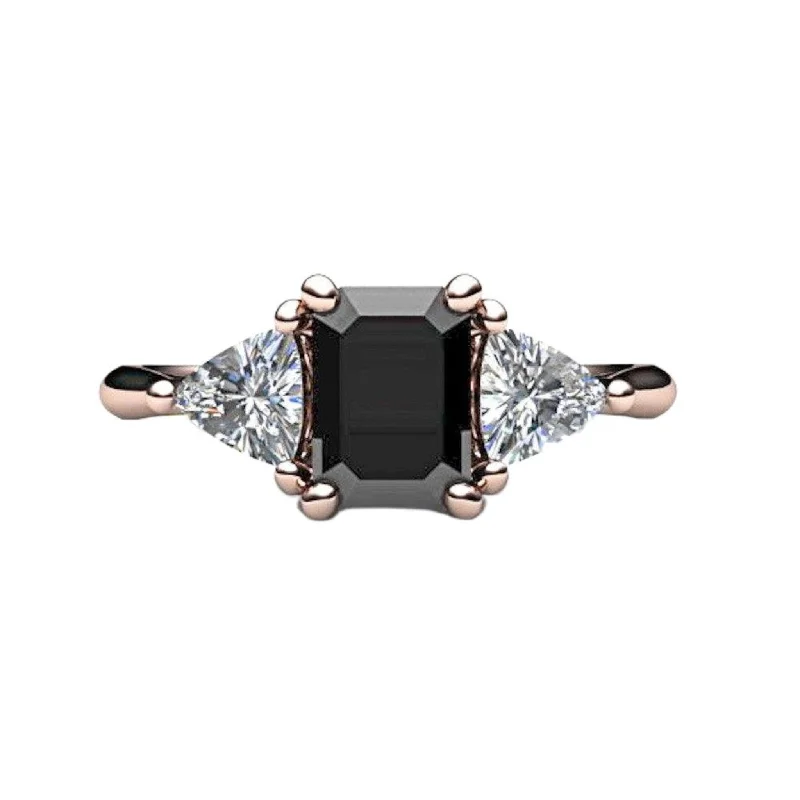 classic gemstone rings -Black Diamond Engagement Ring 3 Stone with Diamond Trillions