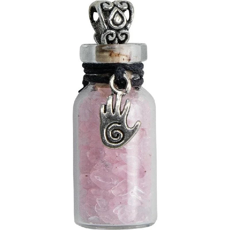 long strand necklaces -1.75" Gemstone Chip Bottle Necklace - Rose Quartz with Healing Hand