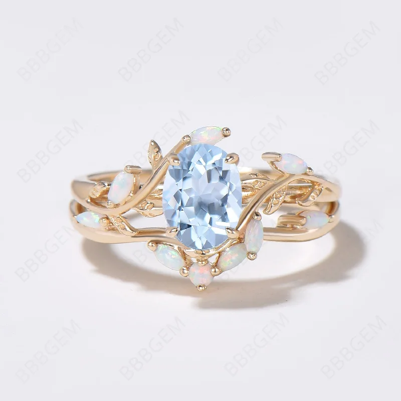 personalized engagement rings -Twig Vine Aquamarine Opal Engagement Ring Leaves Ring