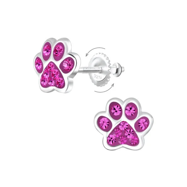 silver earrings for women -Children's Sterling Silver 'Fuchsia Pink Crystal Paw' Screw Back Stud Earrings