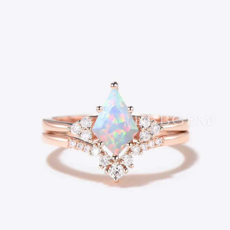 engagement rings with matching bands -Kite Cut White Opal Engagement Ring Diamond Cluster Bridal Ring Set