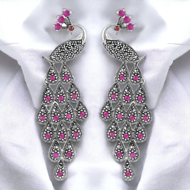 bridal earrings for women -Sterling Silver Pink Stoned Peacock Earring For Women & Girls