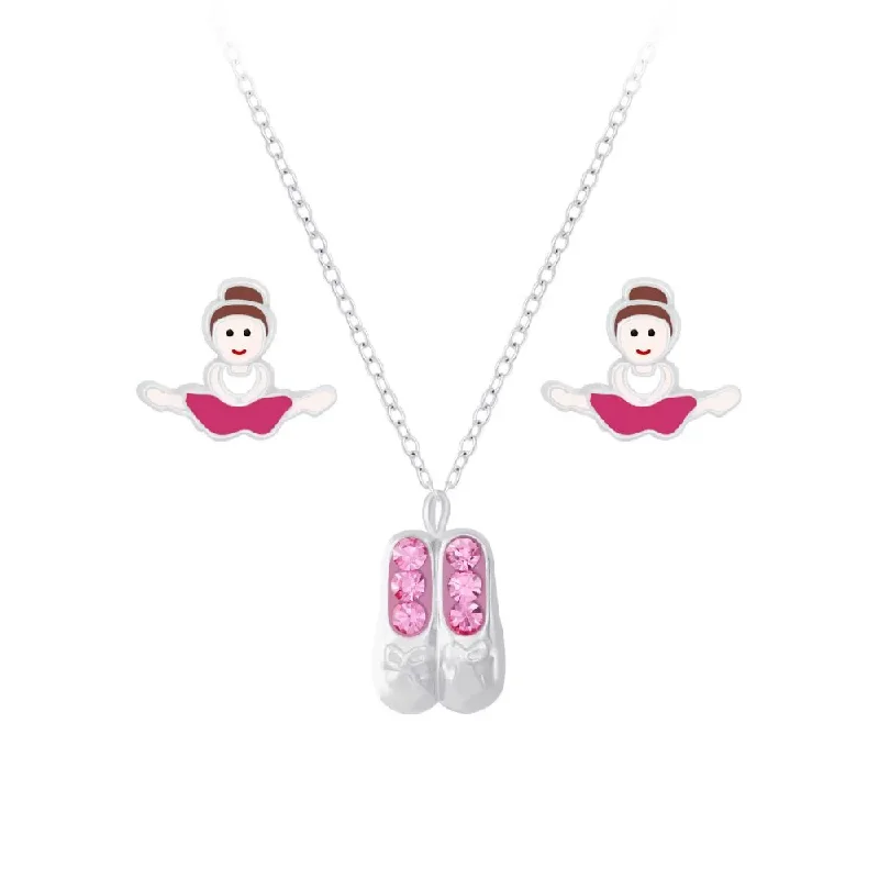 stunning gemstone earrings -Children's Sterling Silver Pink Ballet Shoes Pendant Necklace and Pink Ballerina Stud Earrings Set