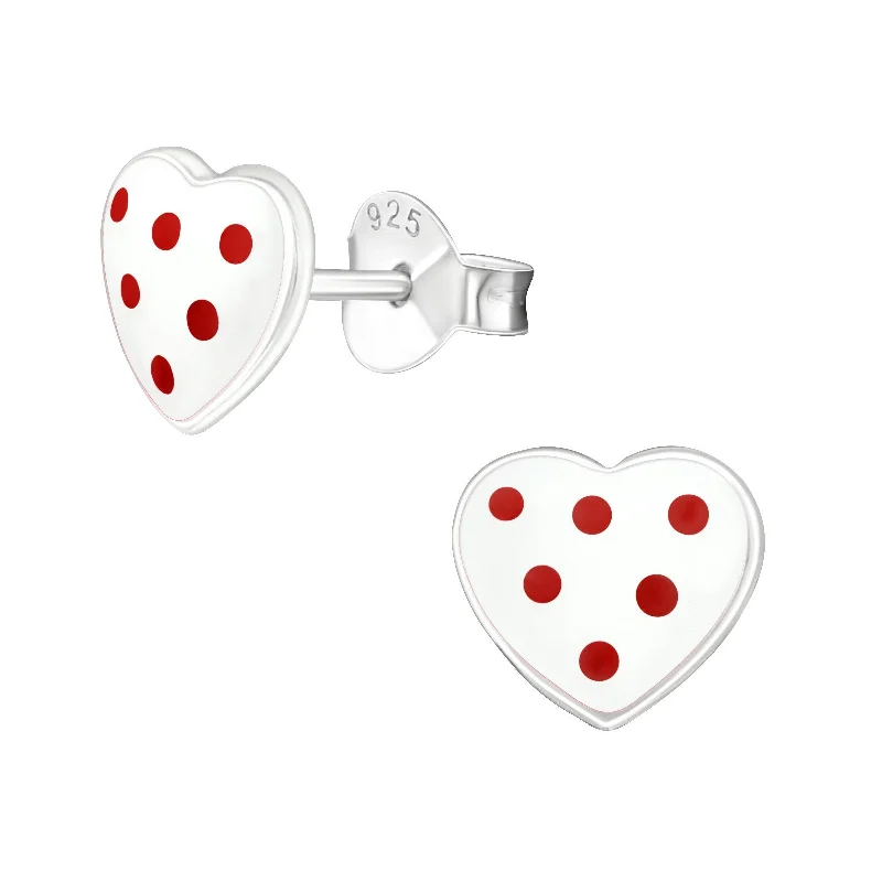 stylish silver stud earrings -Children's Sterling Silver 'White Heart with Red Spots' Stud Earrings