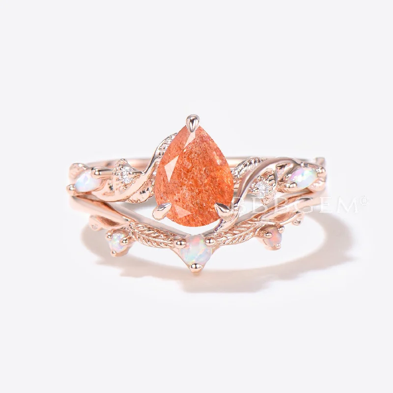 beautiful diamond engagement rings -Twig Vine Pear Shaped Sunstone Engagement Ring Leaf Opal Bridal Set