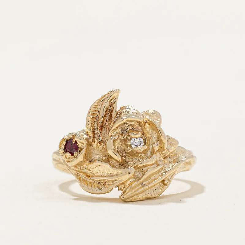 unique rings for women -Ruby & Diamond Flower Ring | 0.02ct, 0.015ct | SZ 7 |