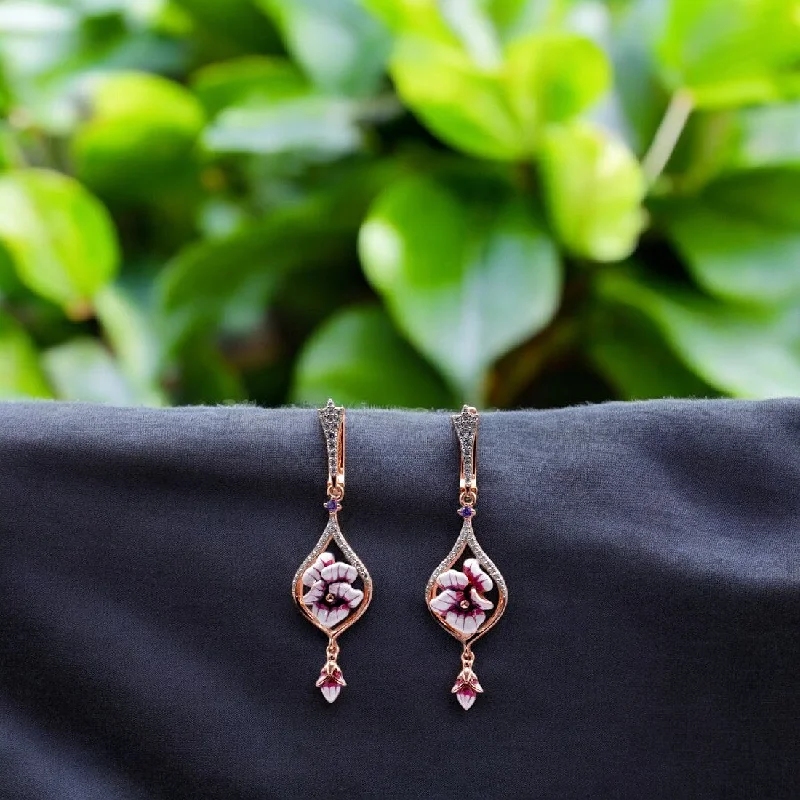 cubic zirconia earrings -Rosegold floral drop stoned earrings for women and girls