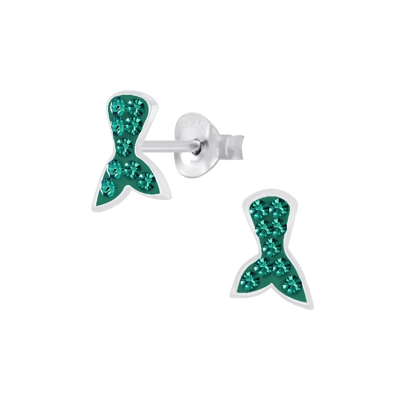 affordable silver earrings -Children's Sterling Silver 'Emerald Green Sparkle Mermaid Tail' Stud Earrings