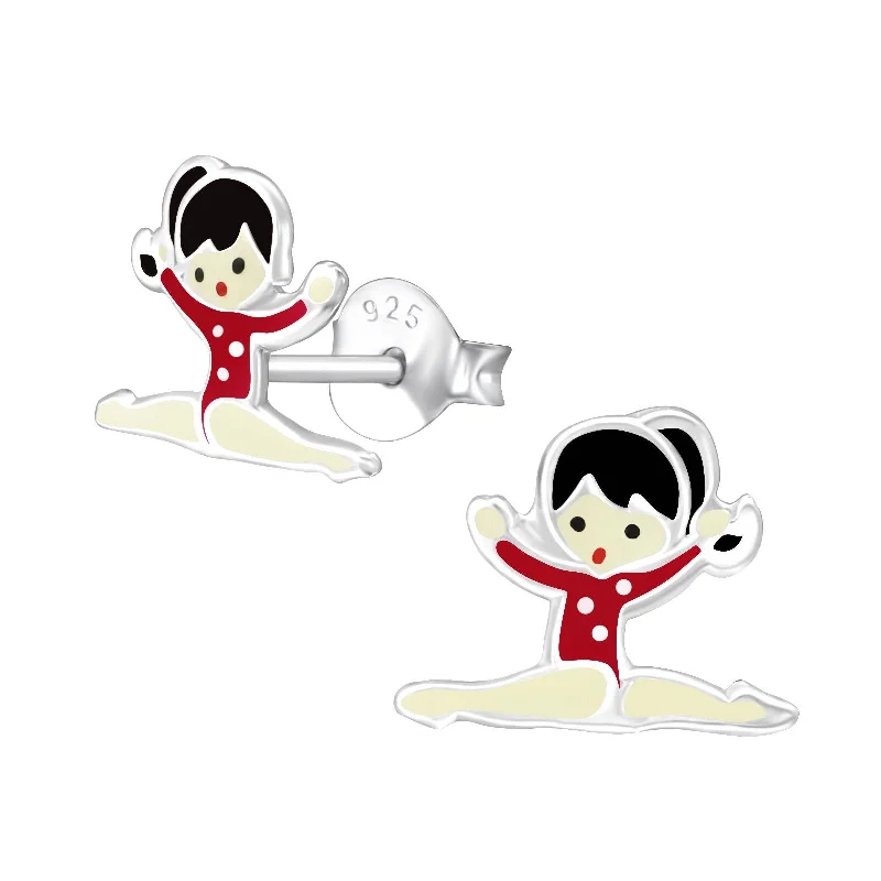 modern drop earrings -Children's Sterling Silver Gymnastics Girl with Red Leotard Stud Earrings