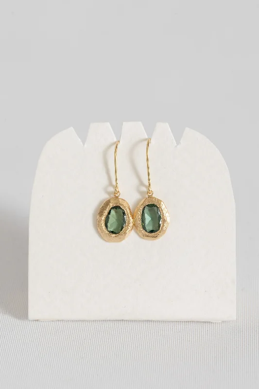 gold chandelier earrings -18k Gold Bezel Hook Earrings | Green Sapphire